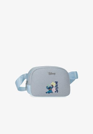 Riñonera azul claro de Disney con Stitch, correa ajustable, cremallera y diseño de flores coloridas junto al personaje Stitch y texto.