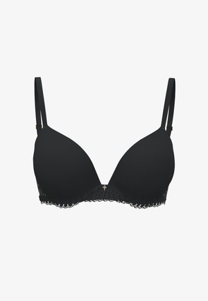 Schwarzer BH mit glatten Körbchen, Spitzenbesatz am unteren Rand und verstellbaren Trägern. Verfügt über ein kleines goldenes Akzentdetail in der Mitte.