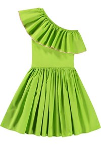 Zielona sukienka na jedno ramię z falbaną przy dekolcie, z plisowanym dołem i kontrastowym wykończeniem. Wykonana z gładkiego, lekkiego materiału.