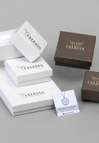 Scatole per gioielli bianche e marroni con il logo "CELSTA", una delle quali mostra un pendente d'argento con un design circolare. Sfondo grigio.