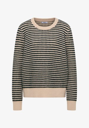Knit sweater with a round neckline, featuring a beige base with alternating black dot patterns and ribbed cuffs and hem.