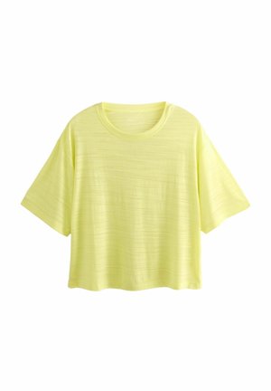 Camiseta de manga corta verde lima con escote redondo, que presenta una tela texturizada y un ajuste suelto y relajado. Sin patrones ni acentos visibles.