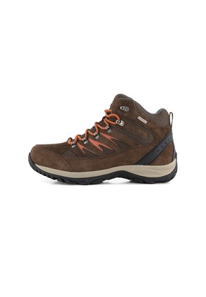 Brown suede hiking boot with orange laces, black and beige sole, mesh panels, metal eyelets, and waterproof label on white background.