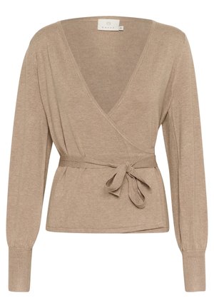 Pull beige à manches longues portefeuille avec col en V et ceinture à nouer sur le côté, poignets côtelés, en tissu tricoté doux.