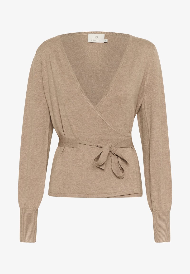 Pull beige à manches longues portefeuille avec col en V et ceinture à nouer sur le côté, poignets côtelés, en tissu tricoté doux.