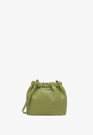 Weiche, olivgrüne Lederhandtasche mit gerafftem oberen Teil und verstellbarem Schulterriemen, mittelgroß und lässig in der Form.