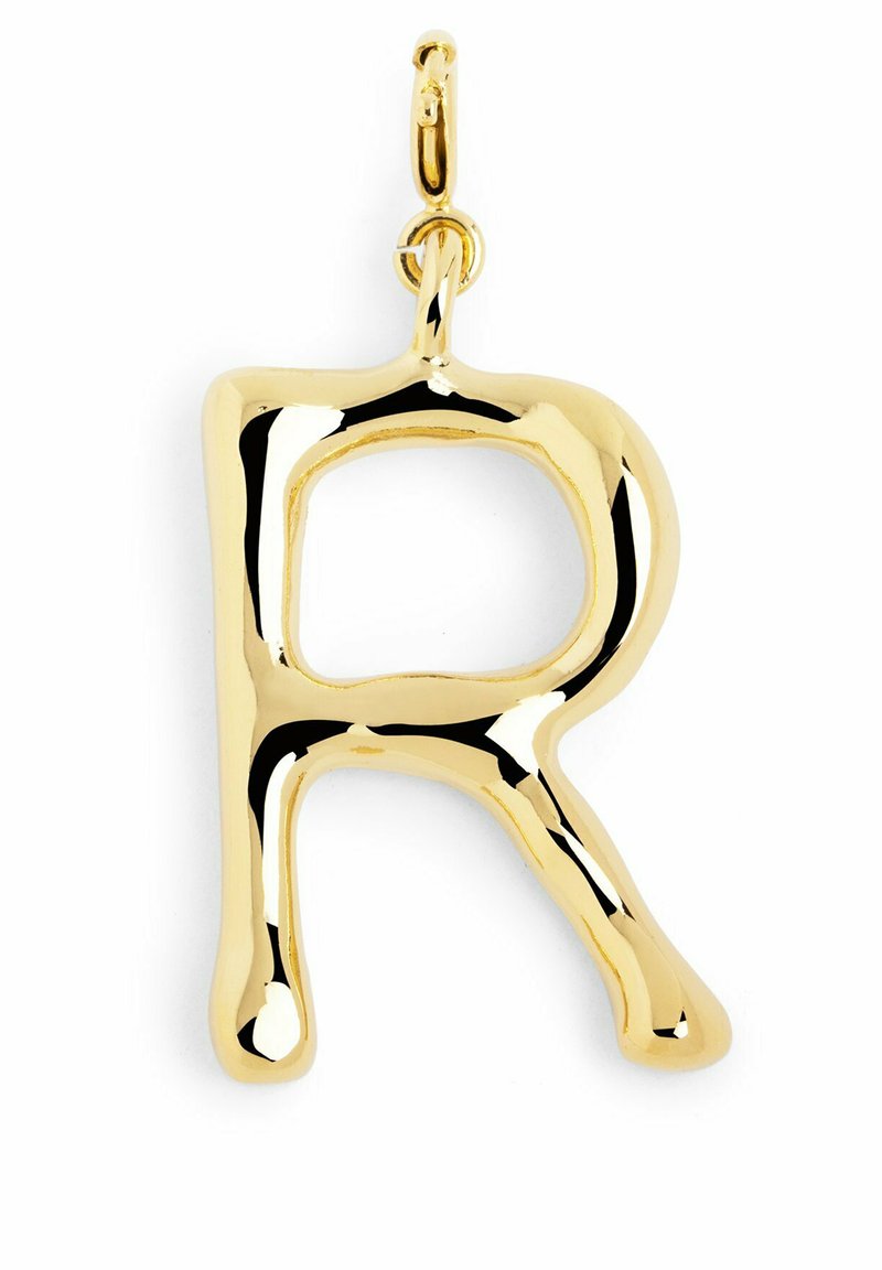 Ciondolo d'oro a forma di lettera "R," con una superficie lucida e liscia, un centro aperto e un gancio rotondo per il fissaggio.