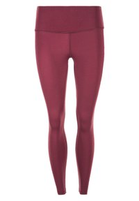 Leggings borgogna realizzati in un tessuto liscio e elastico. Design a vita alta e forma aderente. Presentano una minimale dettagli di cucitura in tutto il capo.