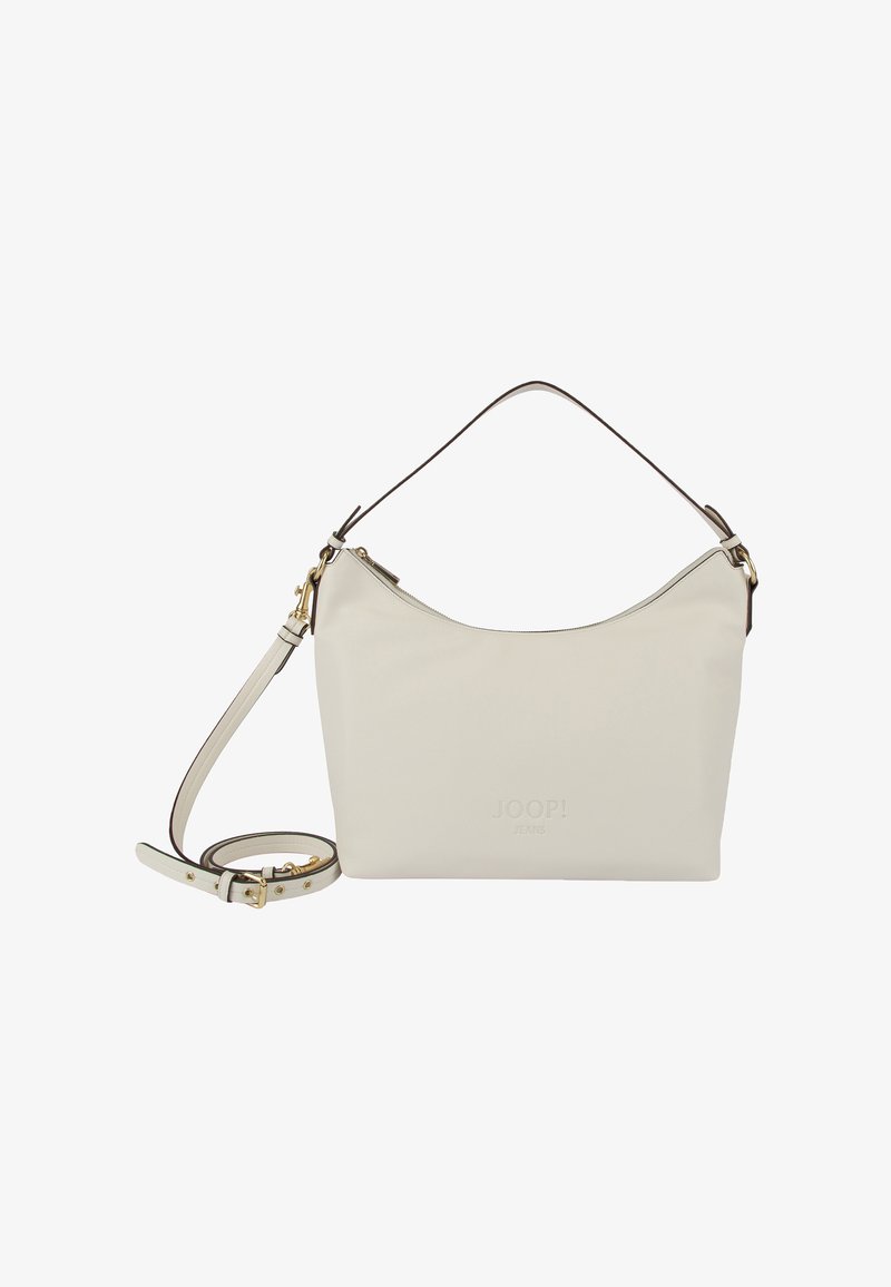 Sac à bandoulière en cuir couleur crème avec ferrures dorées, une poignée courte et une longue sangle réglable, logo embossé "JOOP! JEANS".