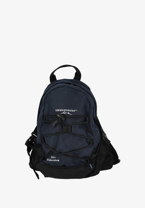 Navy blue backpack with a textured finish, adjustable straps, front bungee cords, and a labeled compartment for 10 liters capacity.