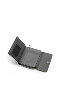 Graue Ledergeldbörse mit strukturiertem Finish, ausgestattet mit mehreren Kartenfächern, einem transparenten Ausweisfach und einem goldenen Reißverschluss.