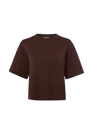 Krótki, przycięty brązowy t-shirt z krótkim rękawem, okrągłym dekoltem, luźnym krojem i gładkim wzorem na białym tle.