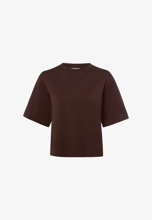 Dark brown short-sleeve cropped t-shirt with a round neckline, loose fit, and plain design on a white background.