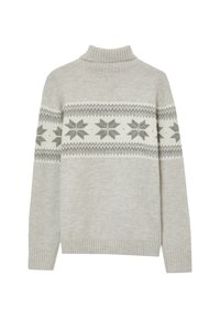 Hellgrauer Rollkragenpullover mit langen Ärmeln und einem horizontalen Muster aus dunkelgrauen und weißen, nordischen Schneeflocken über der Brust und den Ärmeln.