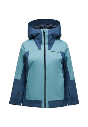 Waterdichte jas in teal en marineblauw, met een ritsluiting, capuchon en contrasterende panelen. Gladde stof met een stevige afwerking.