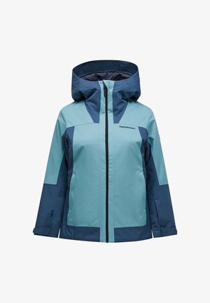 Waterdichte jas in teal en marineblauw, met een ritsluiting, capuchon en contrasterende panelen. Gladde stof met een stevige afwerking.