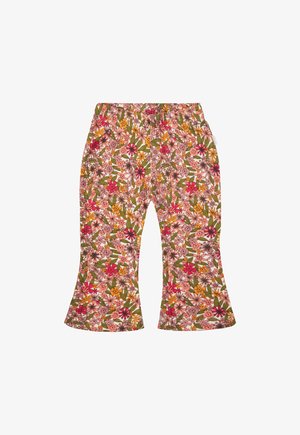 Pantalons évasés avec un imprimé floral multicolore dans des nuances de rose, rouge, jaune et vert sur un fond clair. Taille élastique.