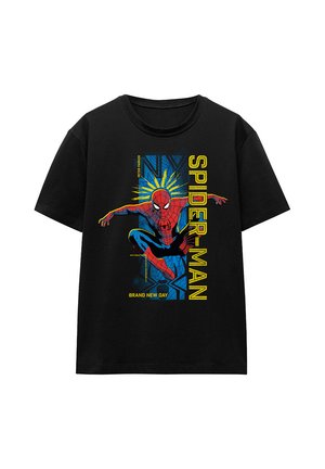 Black short-sleeve t-shirt with colorful Spider-Man graphic in crouching pose and yellow text reading Spider-Man and Brand New Day.