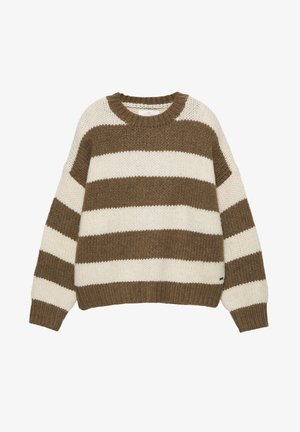Bruin- en crèmekleurige gestreepte gebreide trui met een ronde hals, een oversized pasvorm en geribbelde boorden en zoom. Zachte, gestructureerde stof.