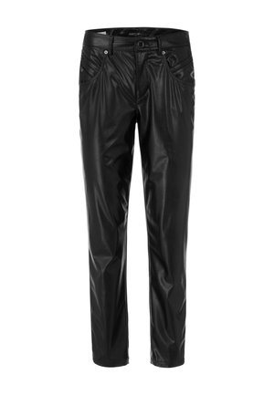 Schwarze Lederhosen mit glatter Textur, ausgestattet mit fünf Taschen und einem sauberen, geraden Schnitt. Metallknopf- und Reißverschluss.