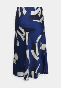 Námorně modrá midi sukni z hladkého materiálu, s abstraktními bílými a černými vzory, s pohodlným elastickým pasem.