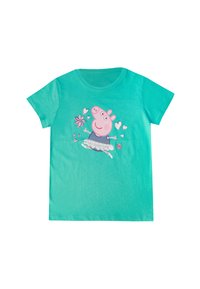 Camiseta de manga corta turquesa hecha de algodón, con un diseño impreso de un cerdo de dibujos animados en un tutu con flores y corazones.