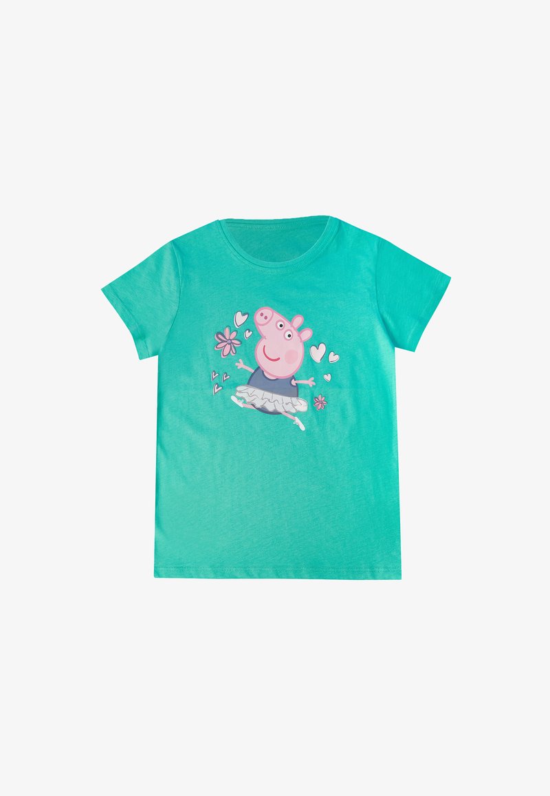 Camiseta de manga corta turquesa hecha de algodón, con un diseño impreso de un cerdo de dibujos animados en un tutu con flores y corazones.