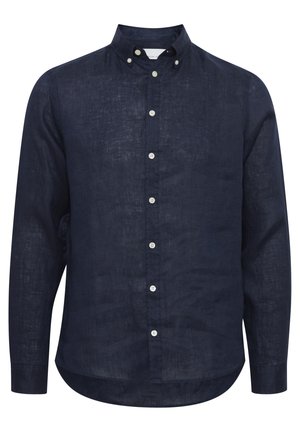 Námorně modrá lněná košile s dlouhými rukávy, s límečkem na knoflíky, předním létem se šesti knoflíky a zakřiveným lemováním. Viditelný detail texturované tkaniny.