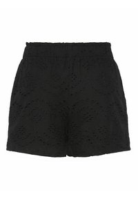 Svarta, broderade shorts med elastisk midja. Har utskurna mönster i en böjd design och en texturerad tygfinish.