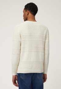 Cremfarbener Pullover mit strukturierten Mustern, der Zickzack- und Waffelmuster aufweist. Gerippte Bündchen und Saum. Rückansicht, mit klassischer Passform.