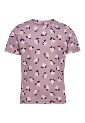 Lilla t-shirt med korte ærmer med spredte, bløde lyserøde blomsterprint og mørkeblå blade, med rund halsudskæring.