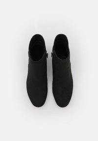 Paar schwarze Wildleder-Stiefeletten mit seitlichen Reißverschlüssen, von oben auf einem schlichten weißen Hintergrund betrachtet.