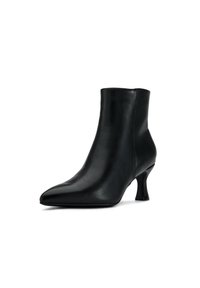 Schwarze Knöchelstiefelette aus glattem Leder mit einer spitzen Zehenpartie und einem kurzen, ausgestellten Absatz für ein zusätzliches Designelement.
