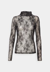 Top de encaje negro de manga larga con un cuello alto, que presenta patrones florales y una tela texturizada y transparente. Los bordes terminados complementan el diseño.