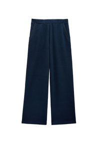 Szerokie granatowe spodnie z miękkiego materiału, o gładkiej fakturze, z elastycznym pasem i dwoma bocznymi kieszeniami, bez widocznych wzorów.