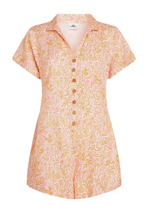 Short-sleeve romper in light pink and beige with intricate swirl pattern, collar, and button closure down the front. Textured fabric.