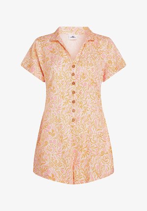 Kurzes Overall mit kurzen Ärmeln in Hellrosa und Beige, mit einem kunstvollen Wirbelmuster, Kragen und Druckknopfverschluss auf der Vorderseite. Strukturierter Stoff.