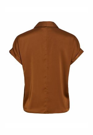 Blusa marrone a maniche corte con colletto, tessuto liscio e polsini arrotolati, vista da dietro.