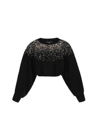 Fekete, rövidített pulóver kerek nyakkivágással, melynek vállain ezüst, arany és bronz árnyalatú gyöngyös díszítés található. Hosszú, puffos ujjú.