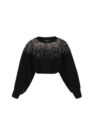 Zwart cropped trui met een ronde halslijn, voorzien van een bewerkte design over de schouders in zilveren, gouden en bronzen tinten. Lange, pofmouwen.