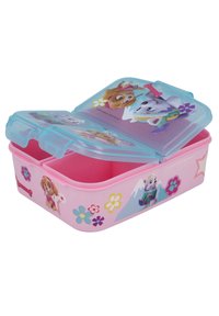 Lonchera rosa de plástico con una tapa azul transparente. Presenta personajes de dibujos animados y patrones de flores. Tiene dos compartimentos en su interior.
