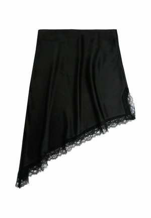 Black asymmetric skirt made of smooth fabric, featuring a delicate lace trim along the hem. The design has a sleek, flowing silhouette.