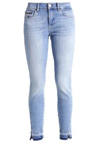 Ljusblå denim skinny jeans med lätt blekning, femfickorsdesign, dragkedja och råkantdetaljer.