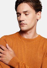 Pomarańczowy sweter z dzianiny z okrągłym dekoltem. Posiada ściągacz przy mankietach i dolnym brzegu oraz mały detal z logo na klatce piersiowej. Teksturowana powierzchnia materiału.