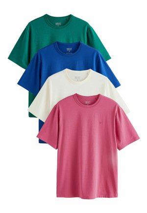 Patru tricouri simple, cu mâneci scurte, în verde, albastru, alb și roz, afișate suprapuse într-o dispunere verticală.