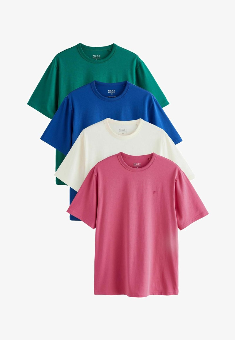 Quatre t-shirts unis à manches courtes en vert, bleu, blanc et rose, affichés en chevauchement dans une disposition verticale.