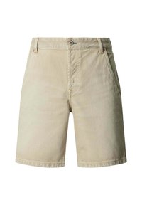Beige knielange Shorts mit Knopfverschluss, Gürtelschlaufen und seitlichen Taschen, dargestellt vor weißem Hintergrund.
