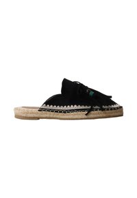 Mule espadrille noire à enfiler avec semelle en jute, bord zigzag blanc et surpiqûre, décorée de franges noires et de lacets noués avec des perles sur le dessus.