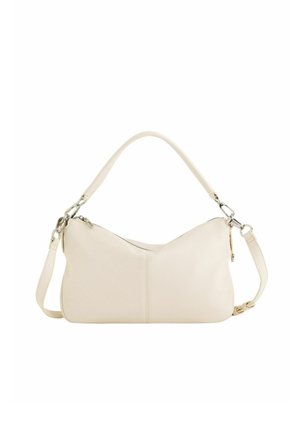 Ramenní taška z krémové kůže se dvěma stříbrnými sponami a nastavitelným odnímatelným popruhem, s horním uzavíráním na zip.