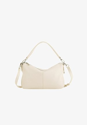 Bolso bandolera de cuero color crema con dos cierres plateados y correa ajustable y desmontable, con cierre superior de cremallera.